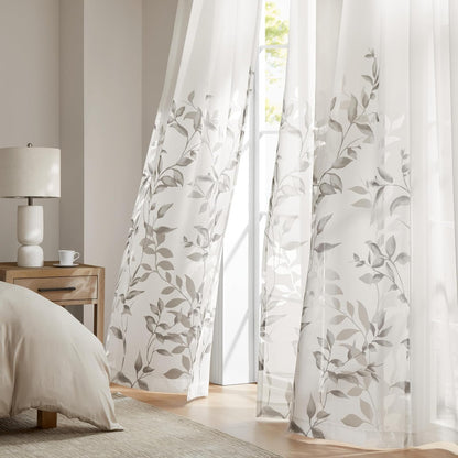 Madison Park Cecily Cortina Semitransparente con Estampado Botánico - 127An x 213.4Al cm (1 Paneles) - Hojas Gris