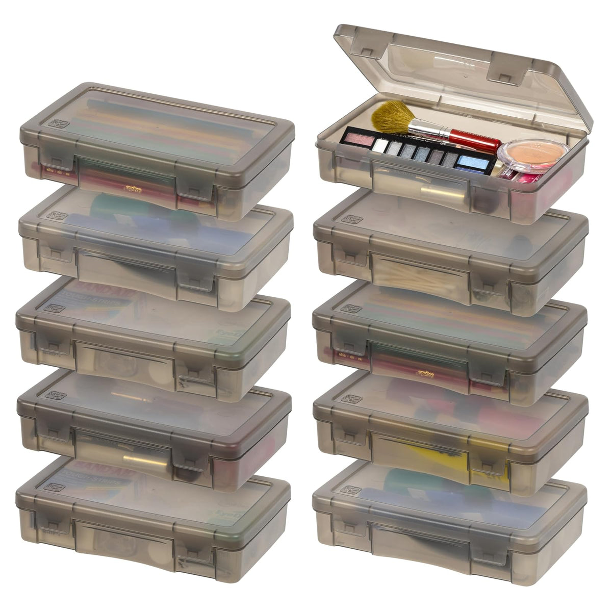 IRIS USA Organizador de Plástico Mediano para Arte y Manualidades con Cierre Hermético, 10 Paquete, Caja de Almacenamiento para Cintas, Perlas, Etiquetas, Hilo y Adornos, Apilable, Gris