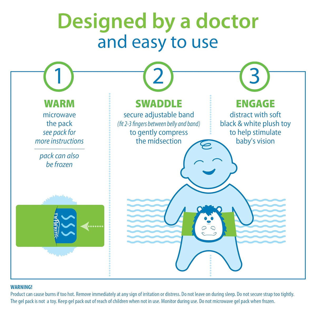 Dr. Brown's Baby Gripebelt para alivio de cólicos, envoltura de abdomen calentada, cinturón de envolver bebé para alivio de gas, alivio natural para malestar estomacal en bebés y niños pequeños, erizo, 0-3 m