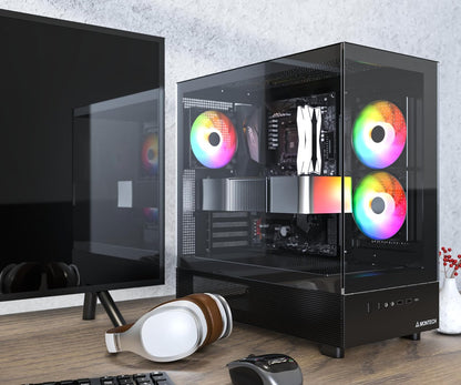 MONTECH XR, ATX Estuche para Juegos de PC de Torre Media, 3 Ventiladores ARGB PWM de 120 mm preinstalados, Panel de Vidrio Templado Dual de visión Completa, Interfaz de E/S de diseño de Grano de