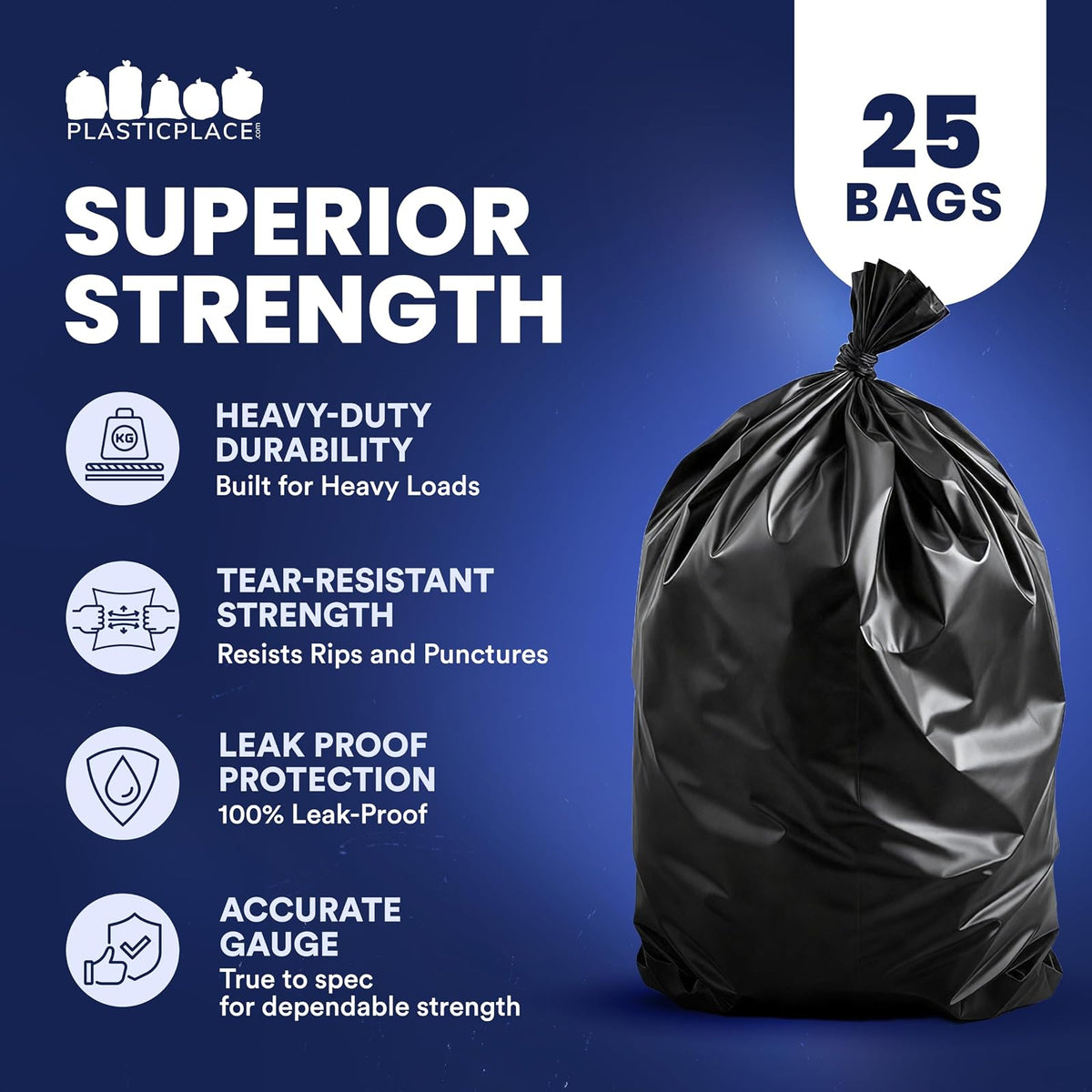 Plasticplace Bolsas de basura de 64 a 65 galones para Toter │ 1,2 mil │ Bolsas de basura negras resistentes │ Rollo │ 50 pulgadas x 60 pulgadas (25 unidades)