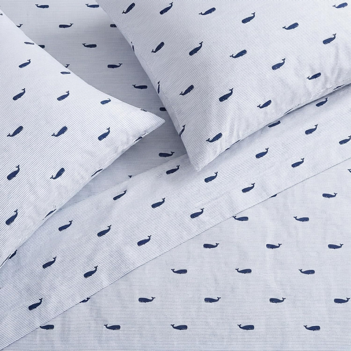 Nautica - Juego de sábanas Individuales, algodón percal, Totalmente elástico, Esencial Ideal para recámara (Azul a Rayas Ballenas, Individual)
