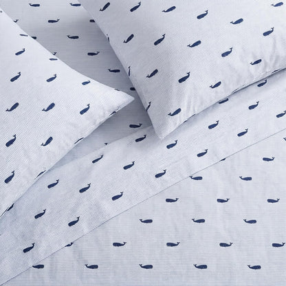 Nautica - Juego de sábanas Individuales, algodón percal, Totalmente elástico, Esencial Ideal para recámara (Azul a Rayas Ballenas, Individual)