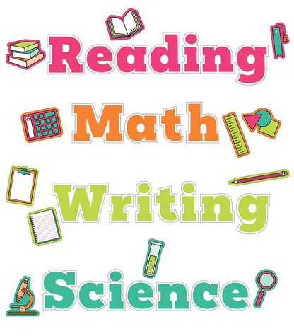 Carson Dellosa - Juego de 37 Piezas para tableros de anuncios, Lectura, Escritura, Ciencias y matemáticas y Recortes de cartulina Coloridos para decoración de Aula