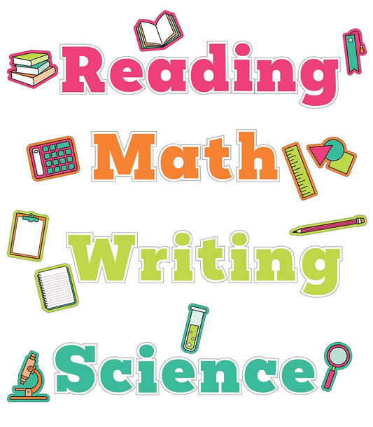 Carson Dellosa - Juego de 37 Piezas para tableros de anuncios, Lectura, Escritura, Ciencias y matemáticas y Recortes de cartulina Coloridos para decoración de Aula