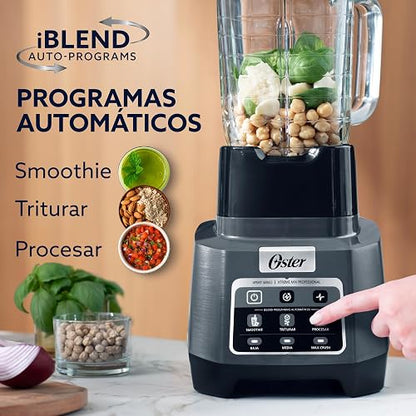 Oster Licuadora Profesional XTREMEMIX 1500 W, Vaso de Vidrio 2 L, iBlend | Tecnología Reversible, 3 Programas Automáticos: Smoothie, Triturar, Procesar, 3 Velocidades + Pulso, Gris, BLSTXPG-BW