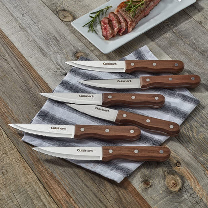Cuisinart Juego Cuchillos para Carne de acero 6 Piezas Mango Madera Nogal | Cuchillos acero inoxidable con bordes de sierra. Perfecto para cortar filetes y aves con precisión. Mango de madera nogal.