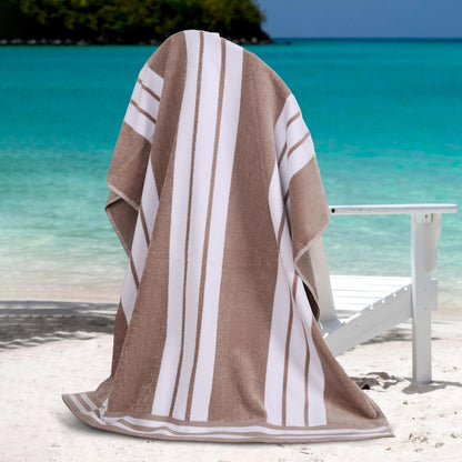 Superior Collection Luxurious Jacquard Cotton Beach Towels, Oversized, Taupe Cabana Stripes