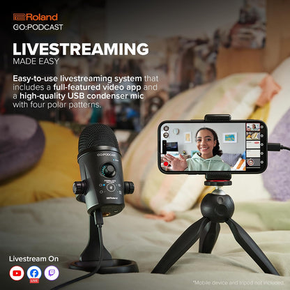 Roland GO:Podcast Video Podcasting Studio for Smartphones | Livestreaming System for Podcasters, Vloggers & More | Intuitive Video App | USB Microphone | Four Polar Patterns