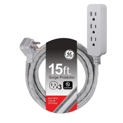 GE Pro Multicontactos 3 Salidas con Supresor de Picos, Cable Trenzado 2.4-4.5 m - Gris - 4.5 m - 1 Unidad