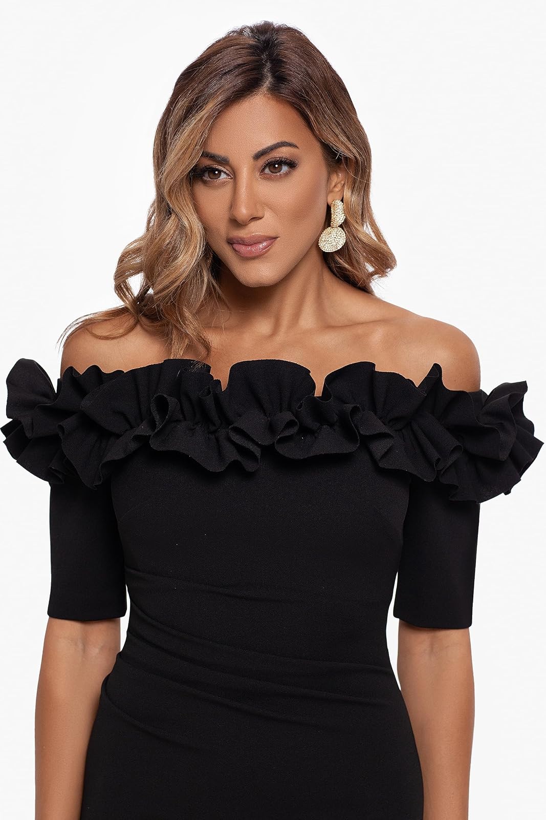 Xscape Vestido Largo de crepé con Hombros Descubiertos (Reg y Petite) Vestido para ocasión Especial Mujer