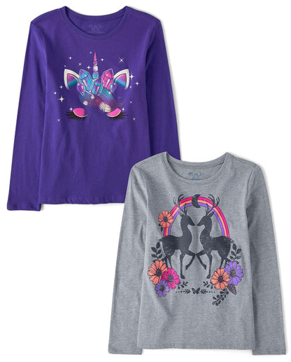 The Children's Place Camiseta Gráfica Manga Larga Niña, Paquete de 2 - Cara de ciervo - unicornio - CH