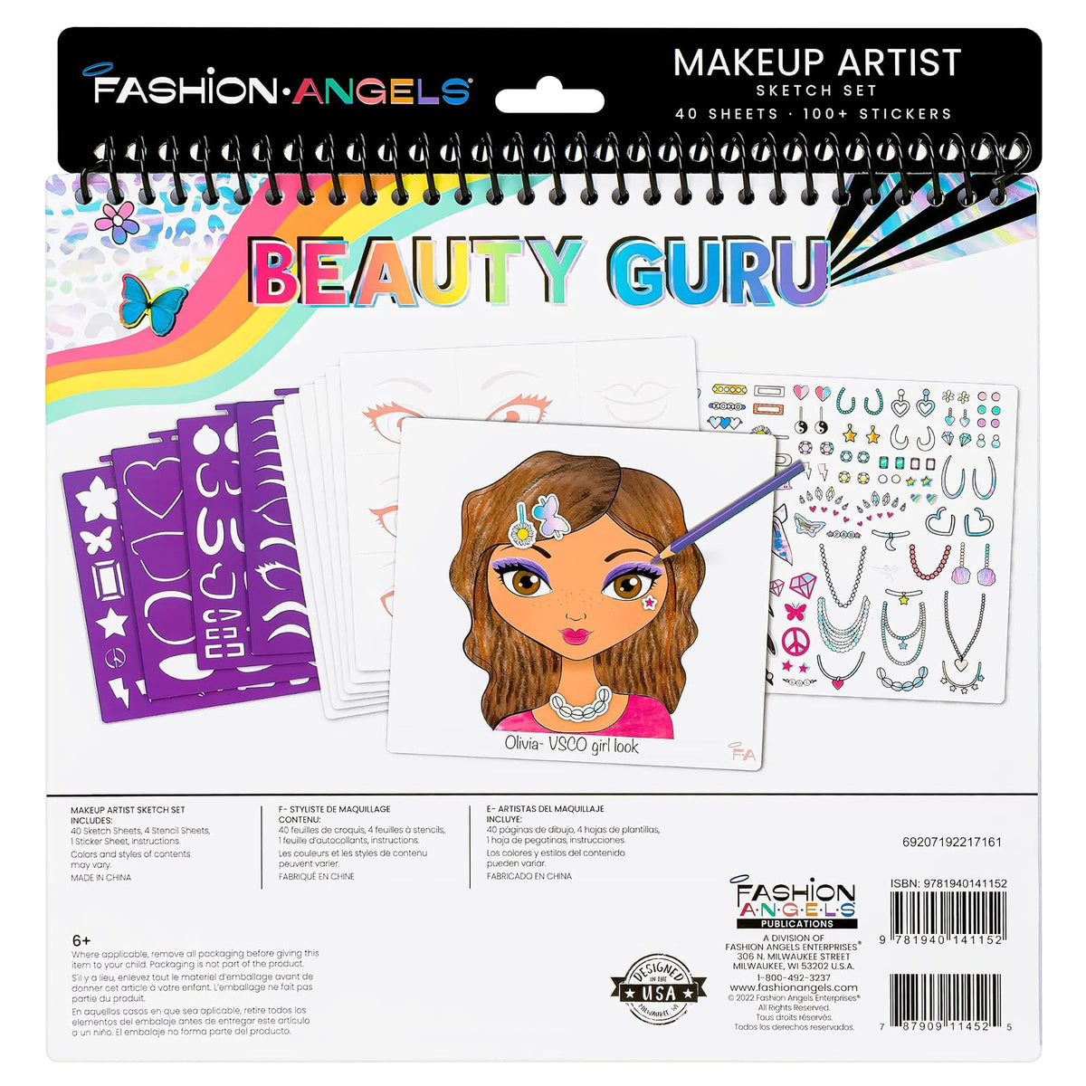 Fashion Angels - Portafolio de bocetos de Maquillaje y diseño de Cabello (11452) para Principiantes, Cuaderno de bocetos con Plantillas y calcomanías para Edades de 6 años en adelante