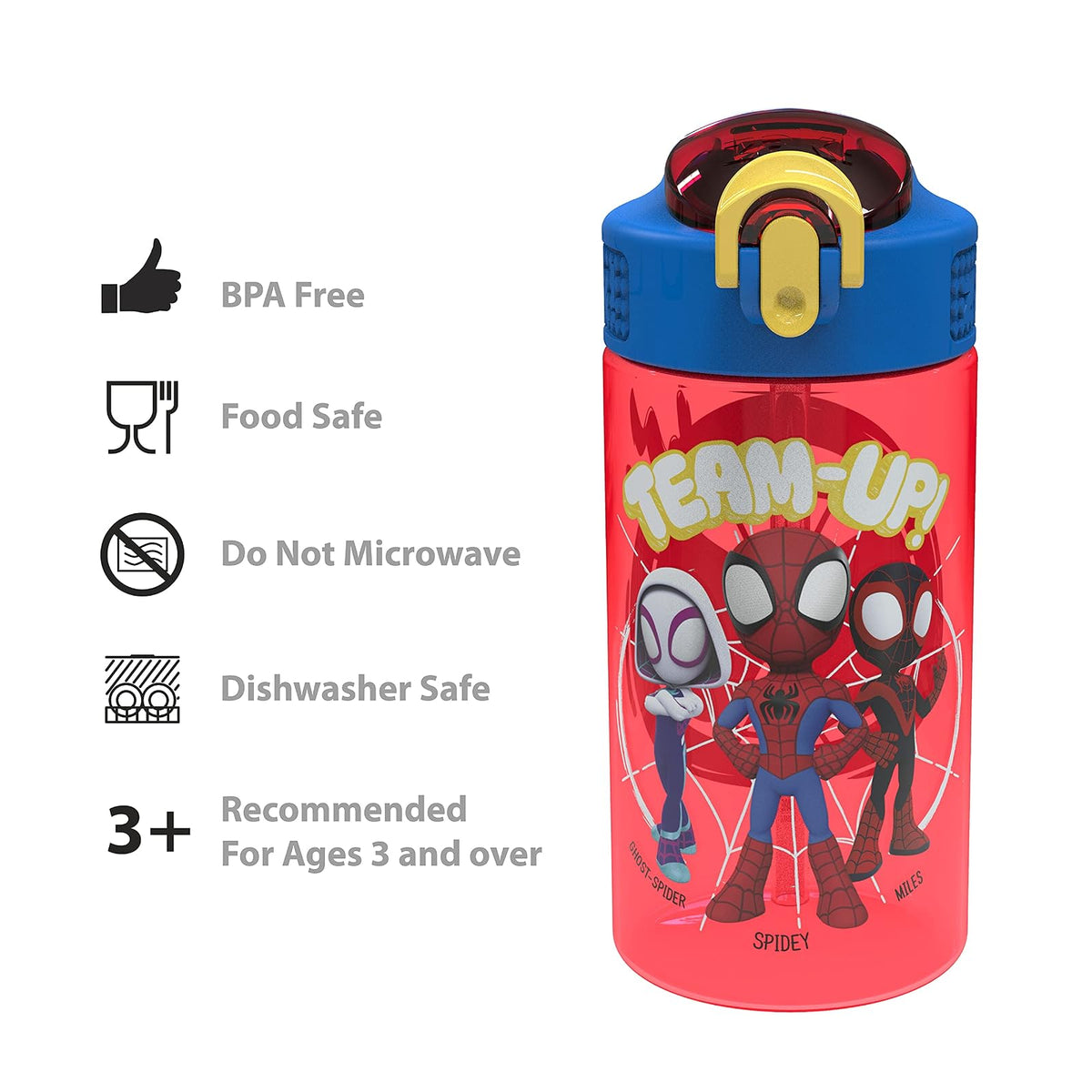 Zak Designs Marvel Spider-Man - Botella de agua para niños con tapa de boquilla y bucle de transporte, plástico duradero, diseño a prueba de fugas para viajes (16 onzas, paquete de 2, Spidey y sus