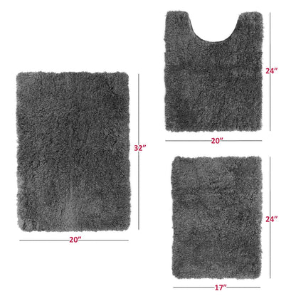 Clara Clark - Alfombra de baño de Pelo Largo con Base Antideslizante de Goma Supersuave, Gris, Set de 3 Piezas, 1