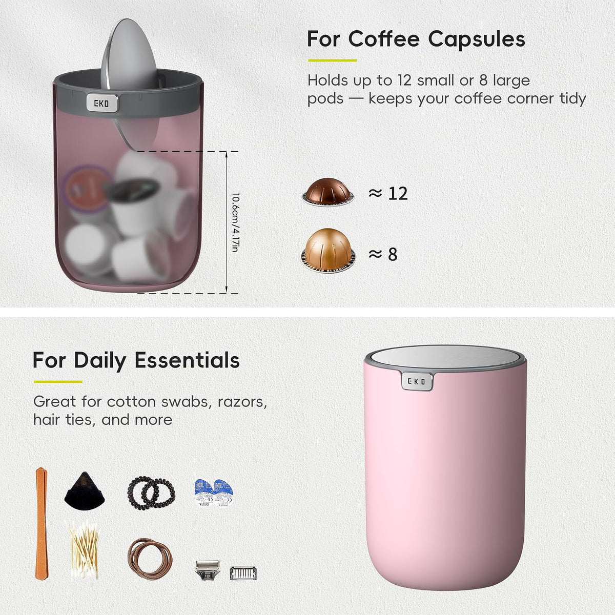 EKO Fandy Mini basura de mesa de 0.4 gal/1.5 l con tapa giratoria, papelera de computadora para encimera de baño, cambiador, café u oficina, pequeño cubeta de basura (rosa)