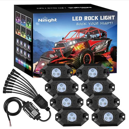 Nilight Kit de 8 Luces LED RGB Rock RL07H, Multicolor, Bluetooth, Modo Música, IP68, para ATV/UTV