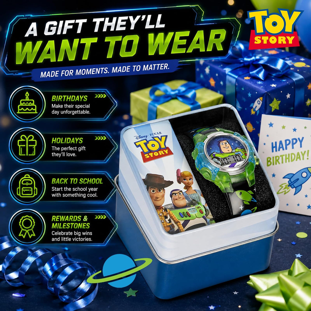 Disney Pixar Toy Story 4 Buzz Lightyear - Reloj LCD intermitente para niños con esfera colorida iluminada, funda duradera, correa con temática espacial, perfecto para niños y niñas a partir de 4 años,