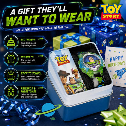 Disney Pixar Toy Story 4 Buzz Lightyear - Reloj LCD intermitente para niños con esfera colorida iluminada, funda duradera, correa con temática espacial, perfecto para niños y niñas a partir de 4 años,