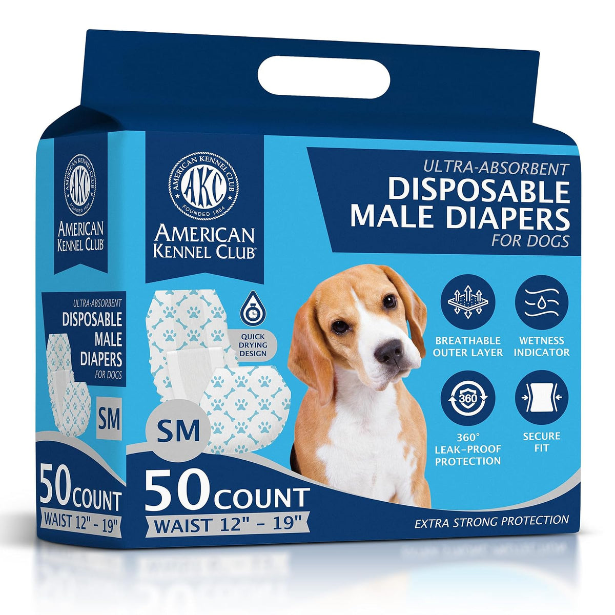 American Kennel Club Male Dog Wrap, Disposable Diapers with Wetness Indicator, Small, 50 Count