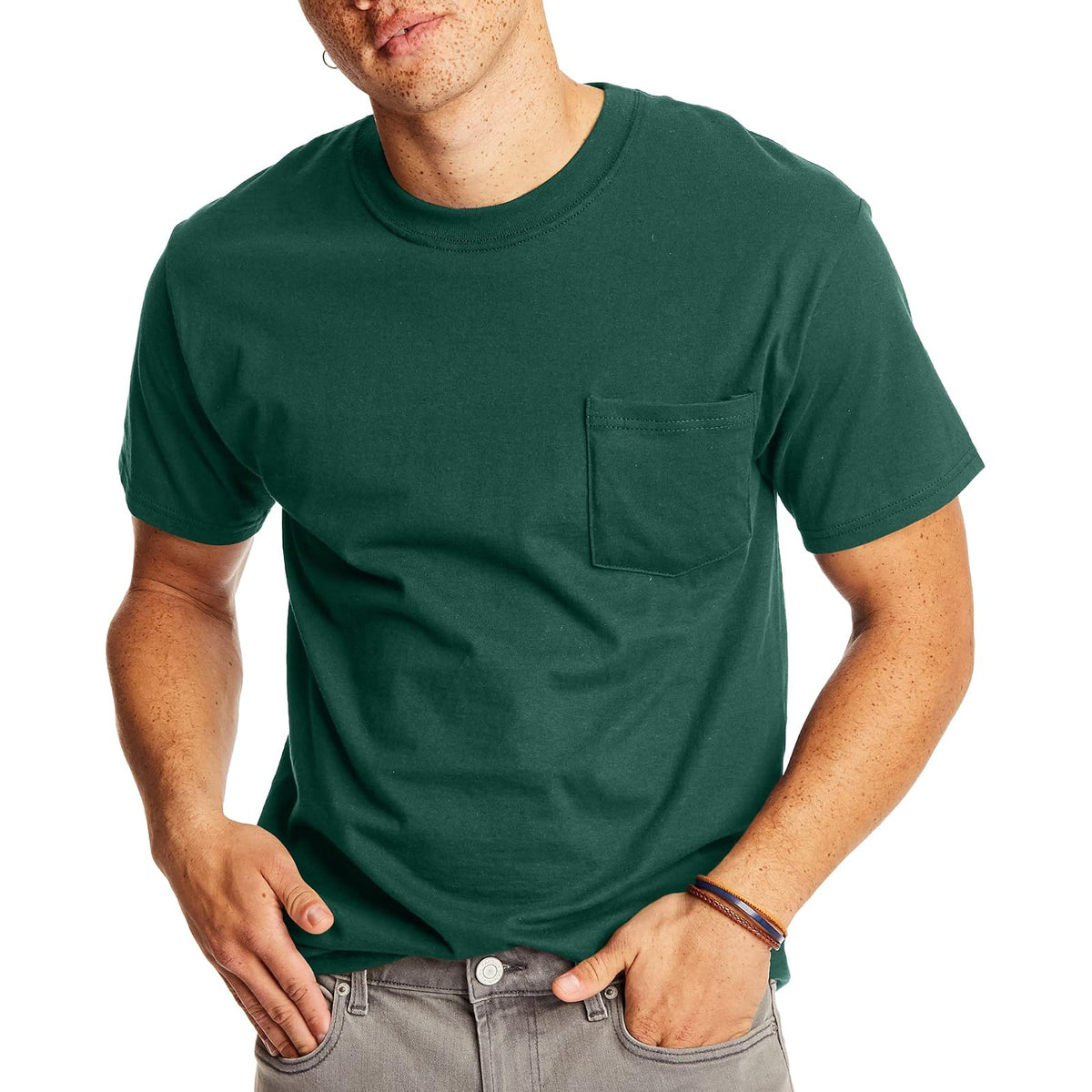 Hanes Beefy-T Playera con Bolsillo para Hombre - Bosque Profundo - 1 paquete - G