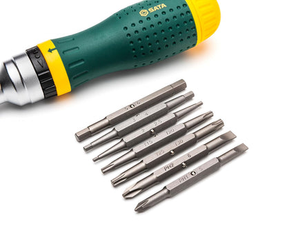 SATA ST09350 - Juego de destornilladores de carraca multiusos 19 en 1 con 8 puntas de doble cara y un mango resistente al aceite verde y amarillo