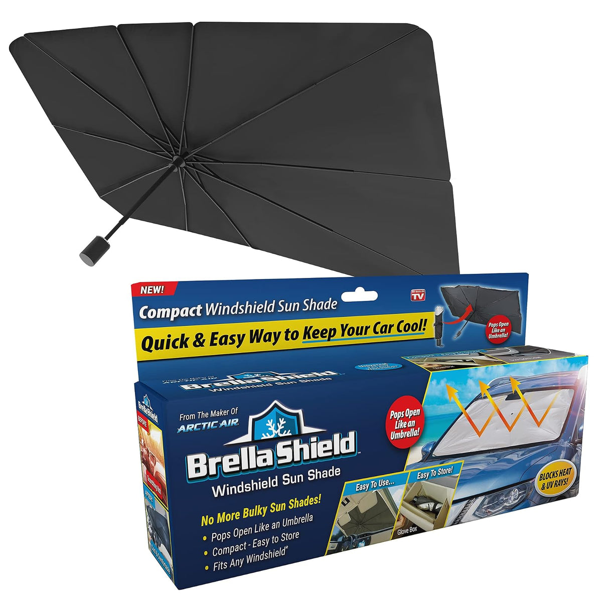 Ontel Brella Shield - Parasol para Parabrisas de Arctic Air, diseño Compacto Que se Abre como un Paraguas y se Adapta a Automóviles, Camiones y SUV, tamaño único (31 x 57), como se ve en la televisión