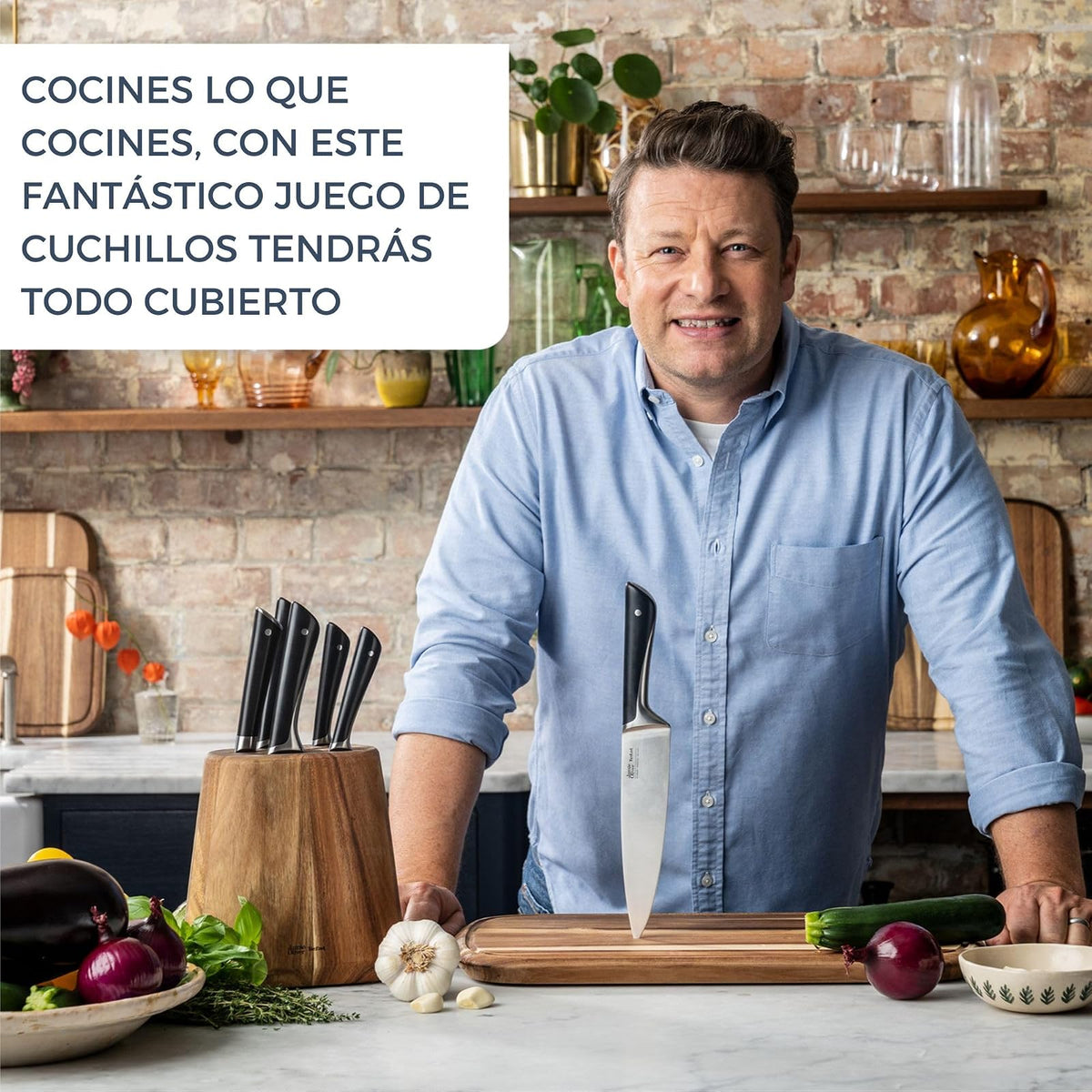 T-fal Juego de Cuchillos de Cocina 5 Piezas + Bloque de Madera de Acacia, Marrón y Negro, para Cocina y Casa | K267S556