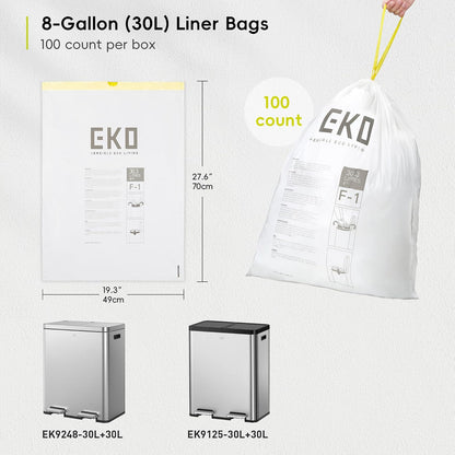 EKO - Bolsas de basura de 8 galones, 30.3 litros, 100 unidades con cordón, bolsas de basura extrafuertes, sin perfume, rollo fácil de dispensar para cocina y uso doméstico, resiste desgarros, fugas y