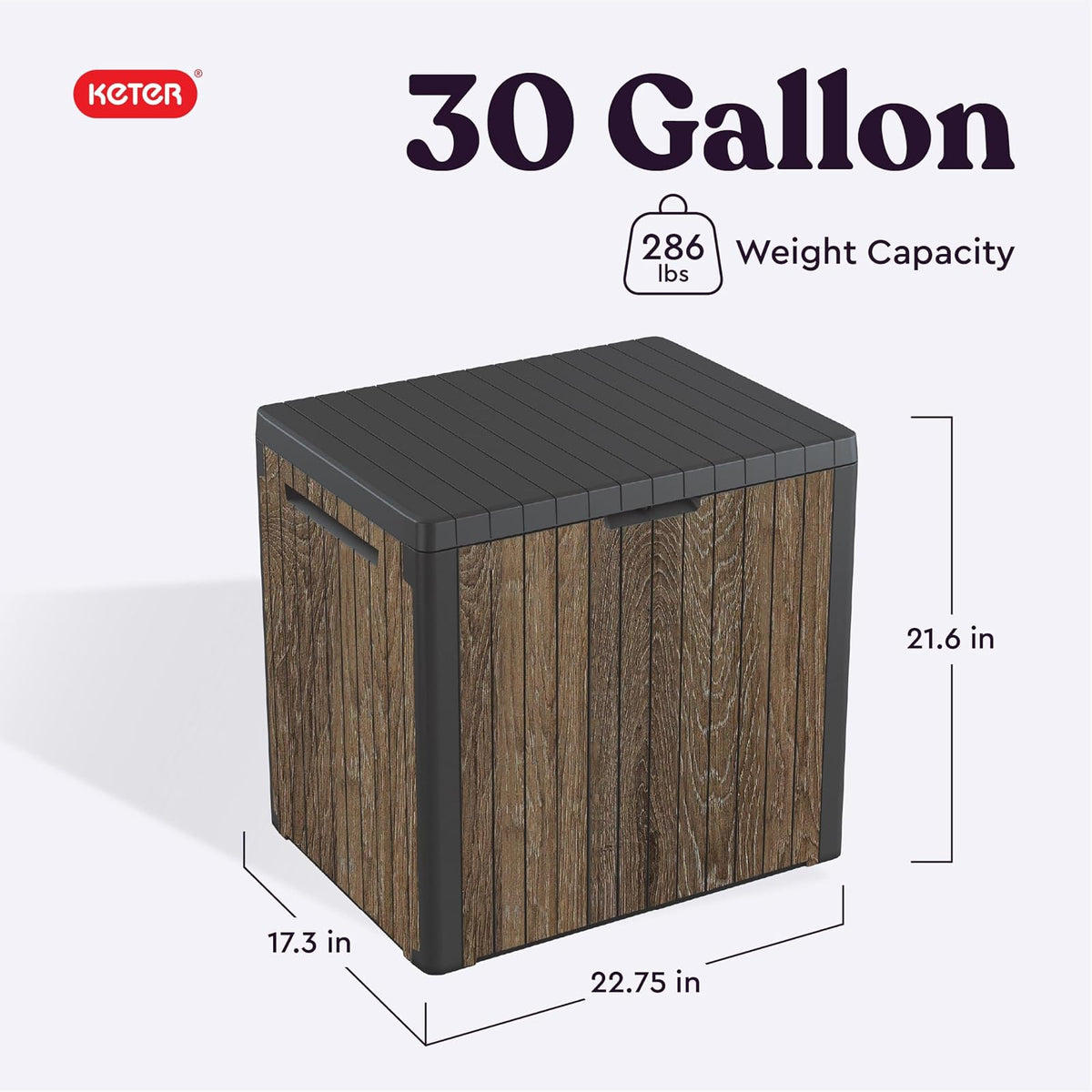 Keter Signature Everwood - Caja de almacenamiento de resina para exteriores de 30 galones y mesa auxiliar de muebles de patio para accesorios de piscina y jardín, nogal