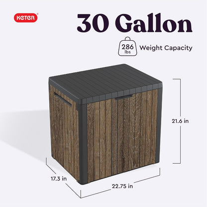 Keter Signature Everwood - Caja de almacenamiento de resina para exteriores de 30 galones y mesa auxiliar de muebles de patio para accesorios de piscina y jardín, nogal