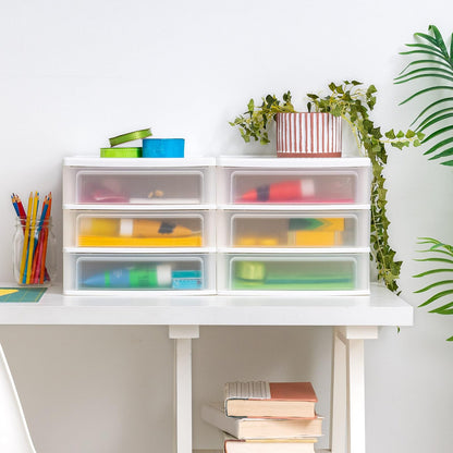IRIS USA Paquete de 2 Organizadores de 3 Cajones Medianos, Blanco | Organiza artículos de oficina, papelería, maquillaje, manualidades y esenciales diarios en el escritorio