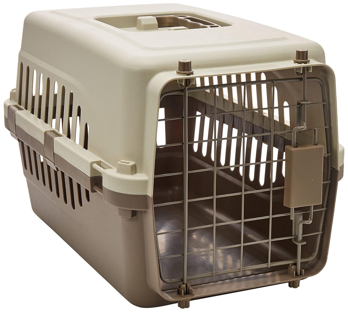 Transportadora para perros y gatos de hasta 5 kg, economica, puerta metalica, 45X30X29cm, color café