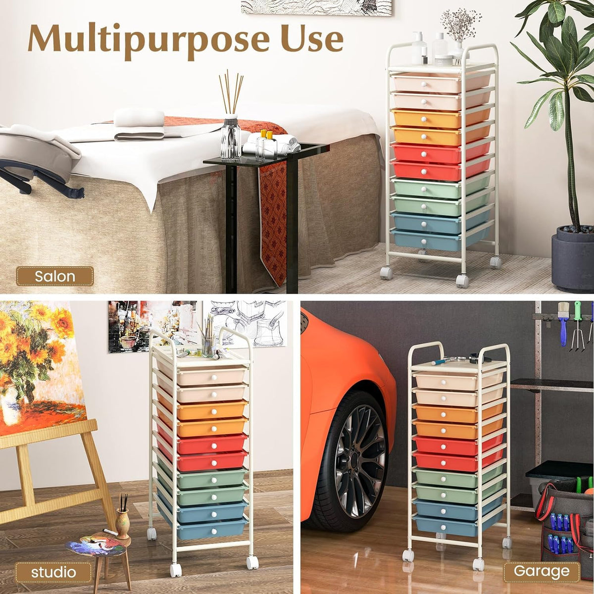 OFFICEJOY - Carrito de almacenamiento con 10 cajones, asas portátiles y ruedas con bloqueo, organizador de almacenamiento de juguetes de papel móvil de gran capacidad para el hogar, oficina, profesor