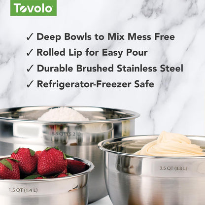Tovolo Tazón profundo para mezclar, con sello hermético, acero inoxidable, juego de 3, 7.5 Quart, 1, 1
