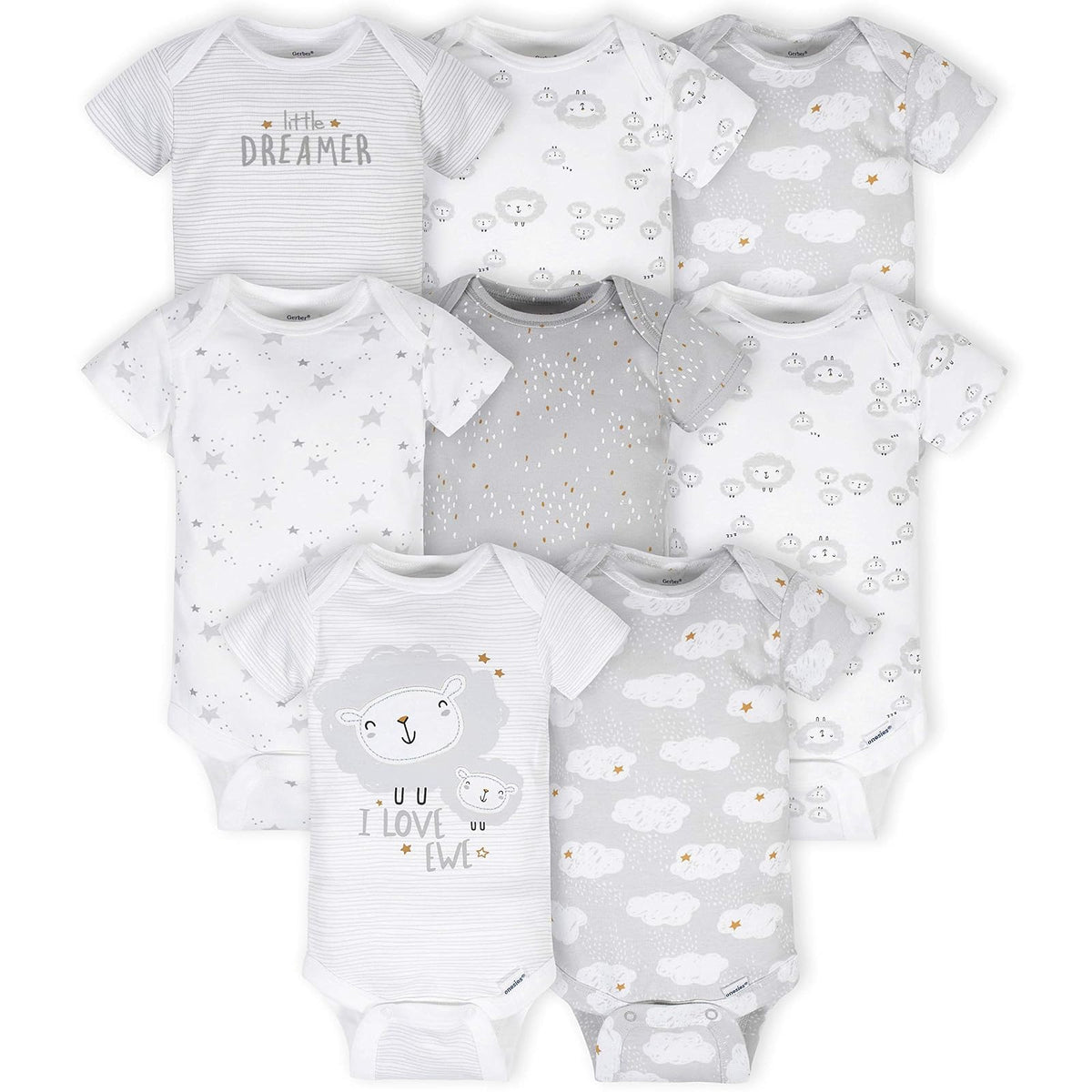 Gerber Body de Manga Corta para Bebé, Paquete de 8 - 3-6 Meses - Oveja Gris