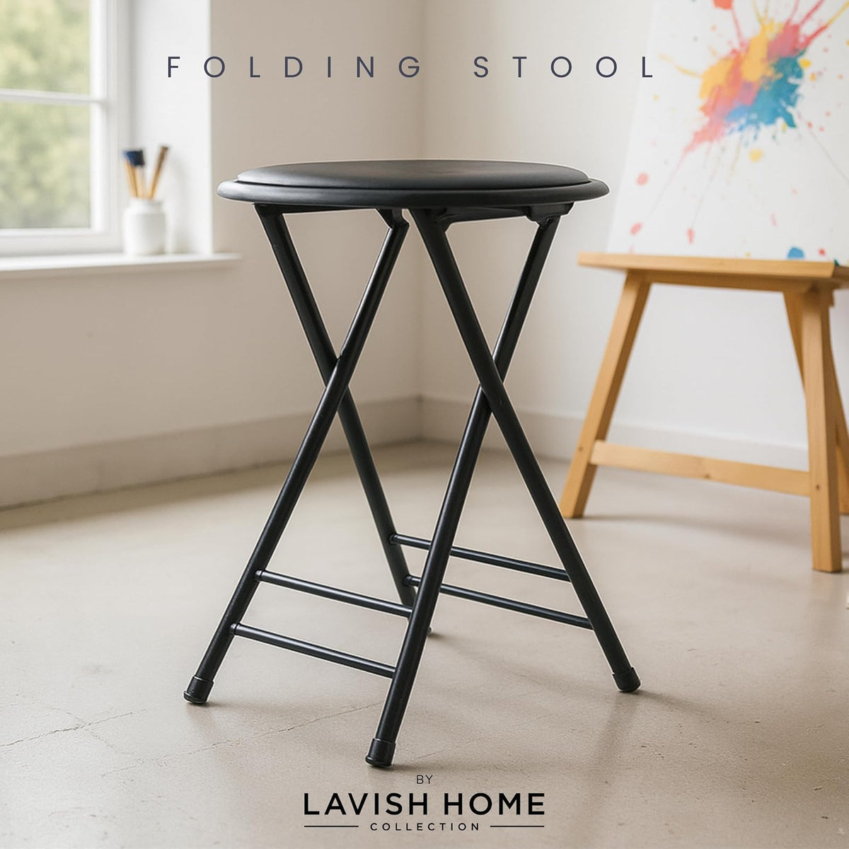 Trademark Home 82-0827 Black Cushioned Folding Stool, 24"