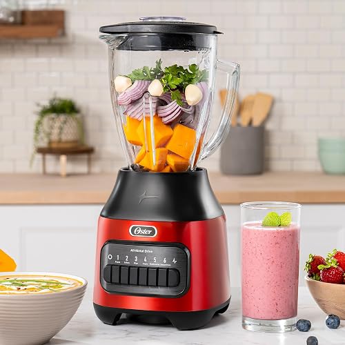 Oster® Licuadora con Vaso de Vidrio, y 6 Velocidades más Pulso, Rojo, BLSTPEG-CPB