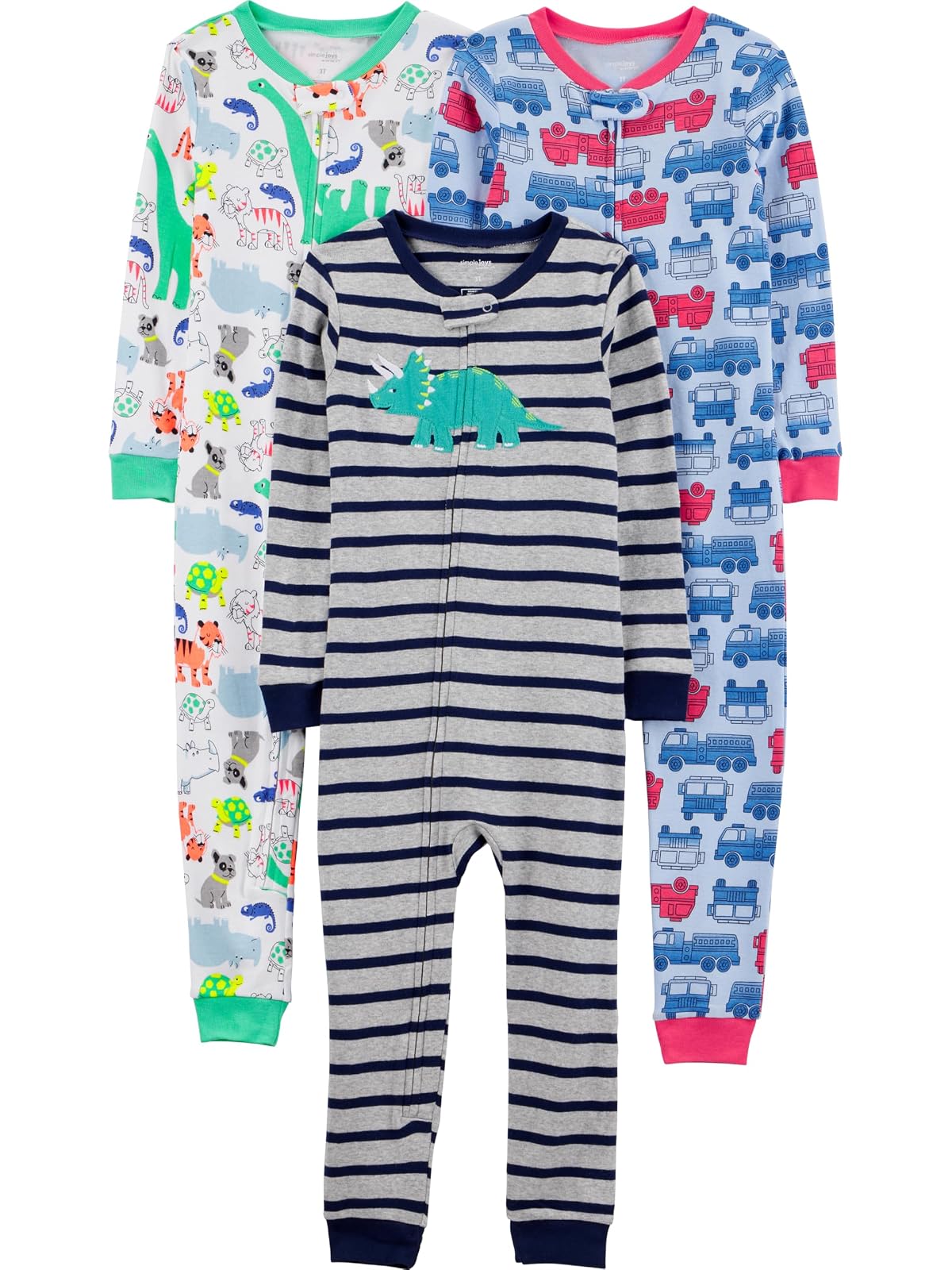 Carter's Simple Joys Paquete de 3 Pijamas sin Pies para Bebé - Blue Firetruck - Grey Stripe - White Dinosaur - 2 Años