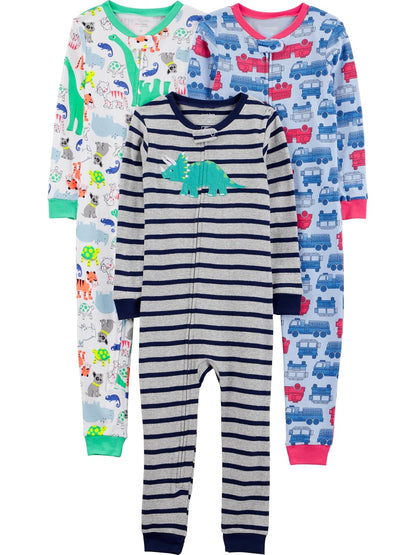 Carter's Simple Joys Paquete de 3 Pijamas sin Pies para Bebé - Blue Firetruck - Grey Stripe - White Dinosaur - 2 Años