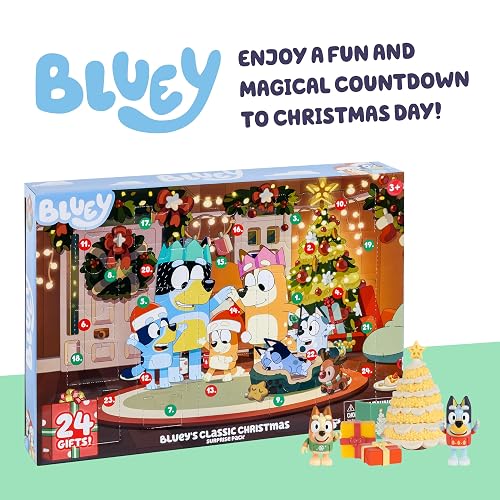 Bluey Calendario de Adviento 2026, 24 días de sorpresas, mini árbol | Incluye 3 mini cifras, 16 accesorios de día festivo, 5 pegatinas, además de Bartlebee, Blue y Bingo en suéteres de Navidad