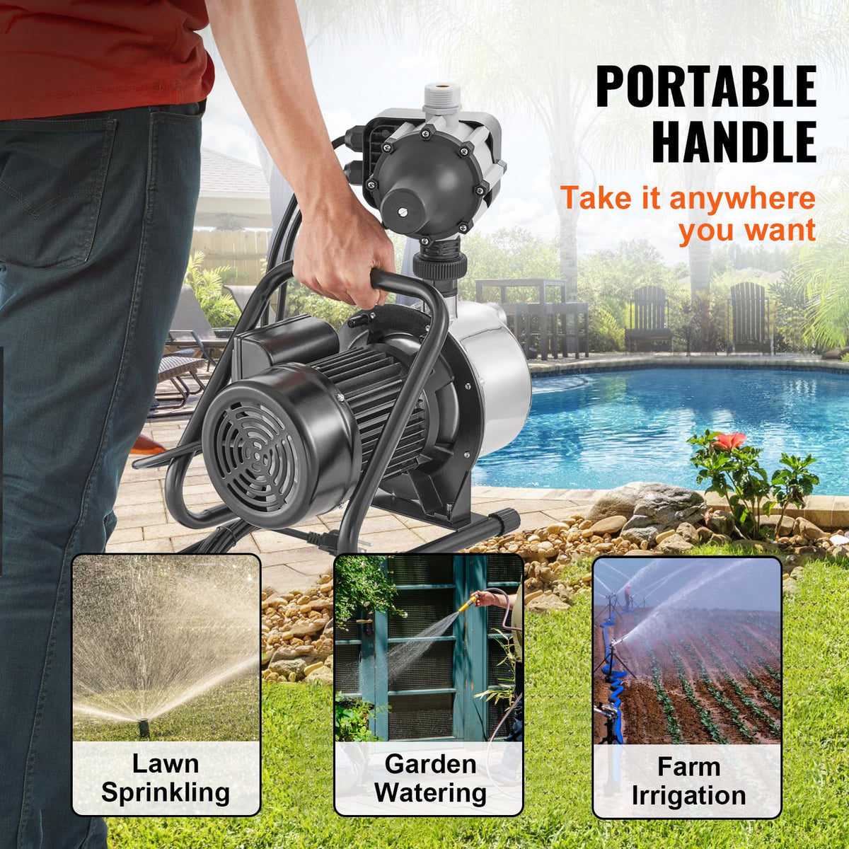 VEVOR Bomba de pozo poco profundo portátil de 1 CV, bomba de chorro de jardín de 1380 GPH con driver automático, bombas de refuerzo de aspersor de acero inoxidable de 150 pies, para sistema de riego