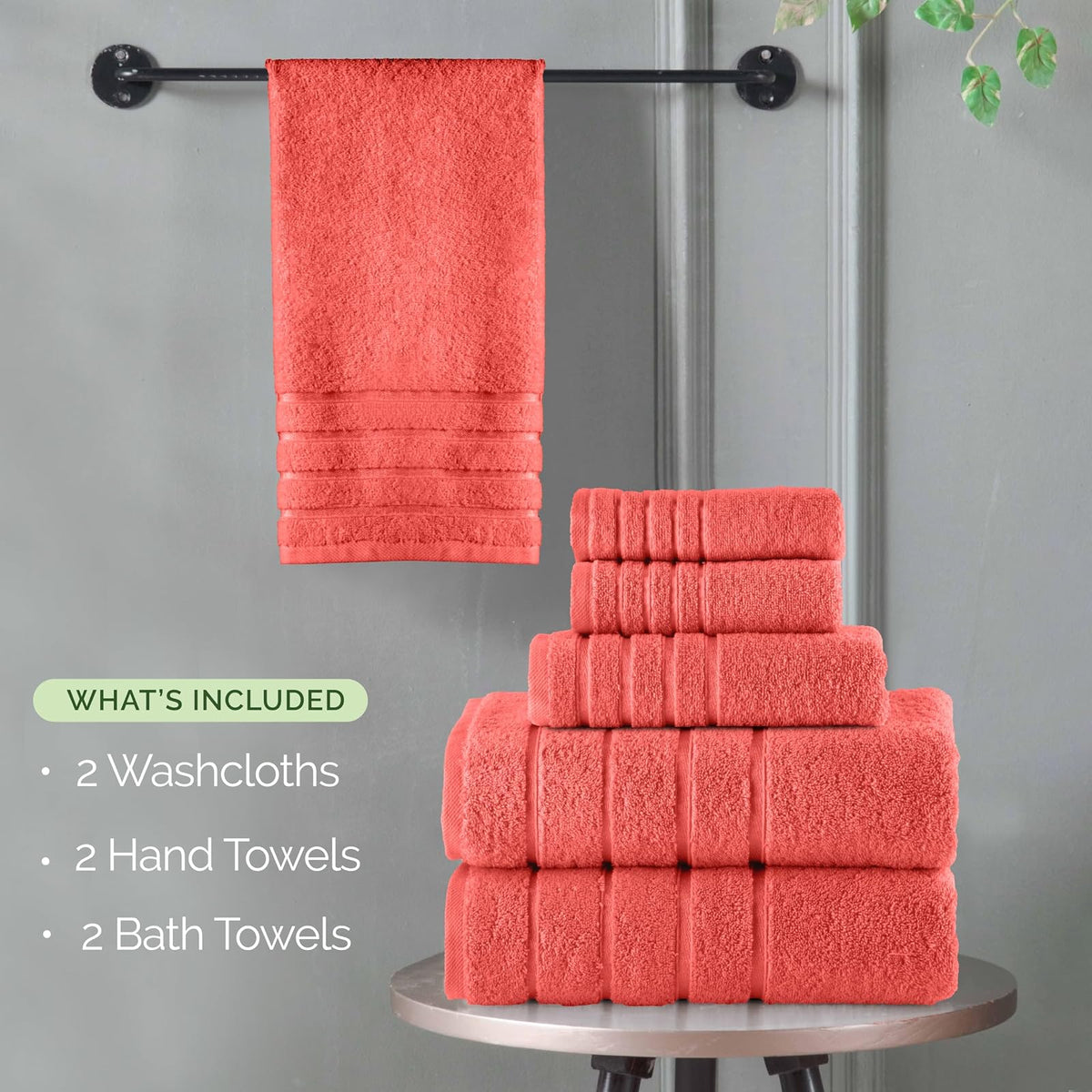 Elegant Comfort - Juego de 6 Toallas de baño de 4 líneas de Viscosa a Rayas – 100% algodón Turco de Alta absorción – Incluye 2 Toallas, 2 Toallas de Mano y 2 Toallas de baño, Color Coral