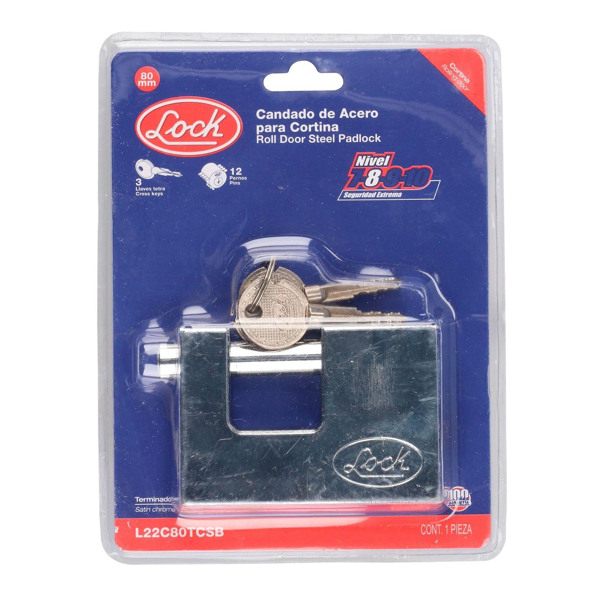 Lock L22C80TCSB Candado de acero para cortina metálica 80 mm, cromo satinado, llave tetra