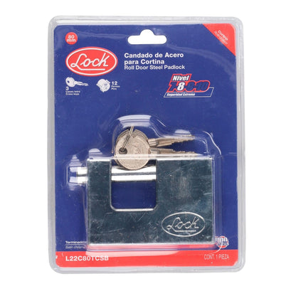 Lock L22C80TCSB Candado de acero para cortina metálica 80 mm, cromo satinado, llave tetra