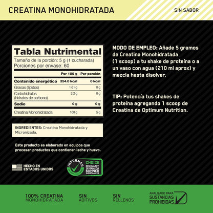 Optimum Nutrition Creatina en Polvo Sin Sabor 300G, 60 Servicios