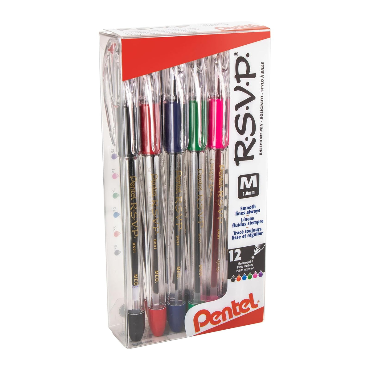 Pentel R.S.V.P. Bolígrafo, Punta Fina y Media, Caja con 12 Piezas - Caja de 12 - Punta mediana 1,0 mm - Variados
