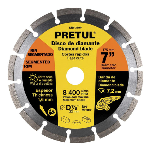 Pretul DID-370P, Disco de diamante de 7" x 1.6 mm rin segmentado corte en seco y húmedo
