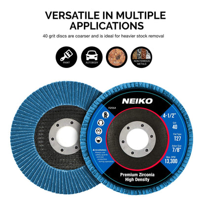 Neiko 11255A Disco flap de circonita de alta densidad Jumbo | 4.5 x 7/8 pulgadas, grano 40, tipo plano #27-10 unidades