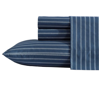 Nautica - Juego de sábanas de percal de algodón de Alta Calidad, Juego de Ropa de Cama a Rayas, Certificado Oeko-Tex, Color Azul Rayado, tamaño Individual XL